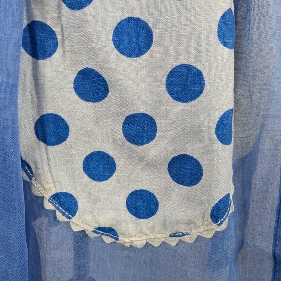 Gingham Girl Vintage Semi Sheer Tie Back Half Apron Pocket Polka Dot Blue 1970s - Picture 6 of 8